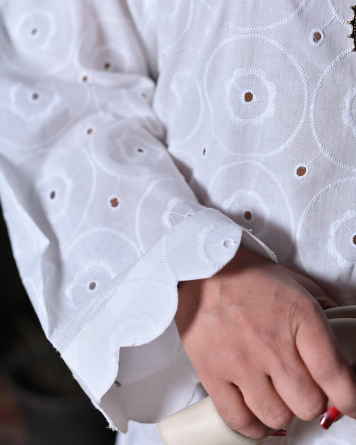 White Chikankari Short Shirt & Printed Palazzo Suit