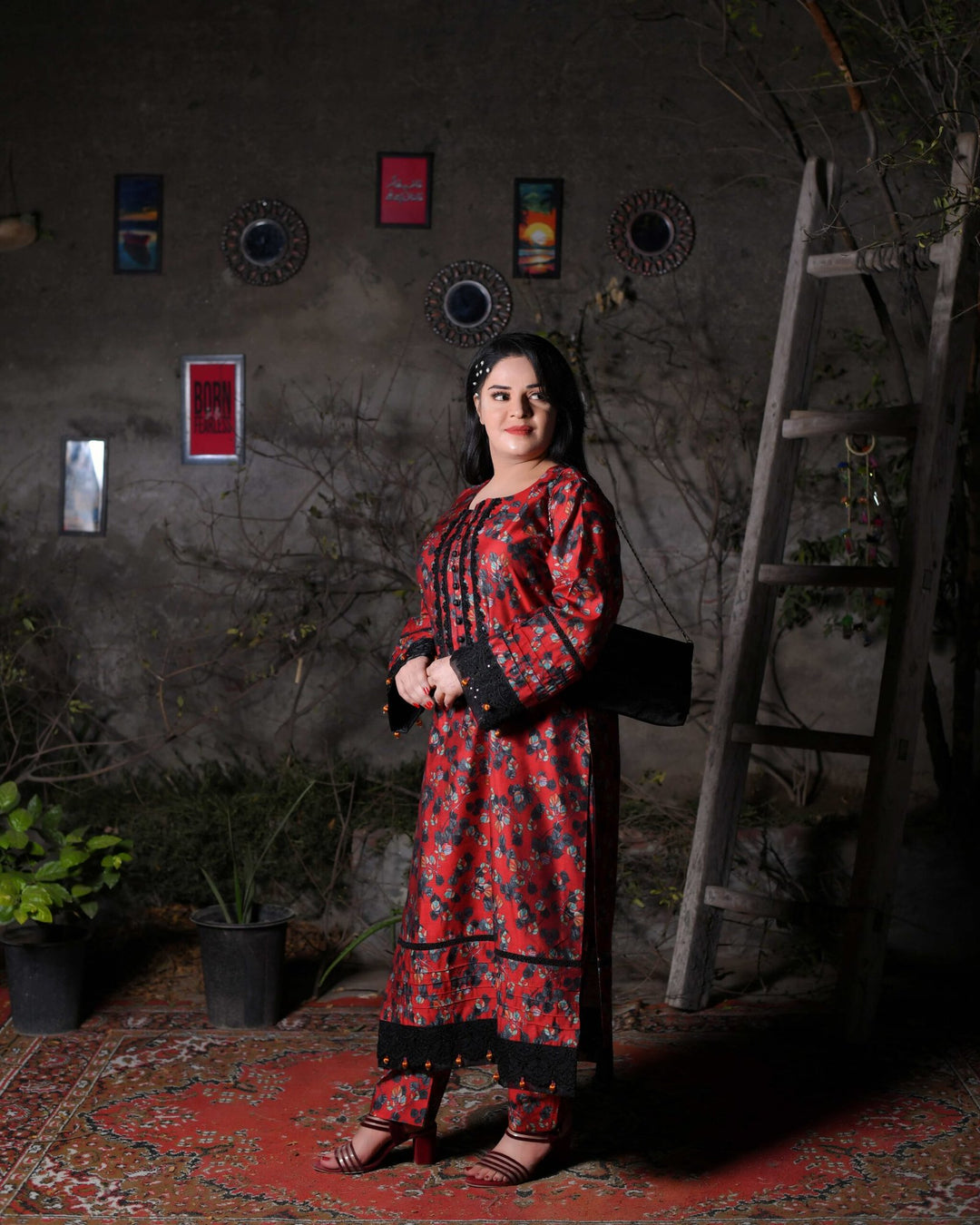 Deep Red Floral Print Everyday Khadi Trouser Suit