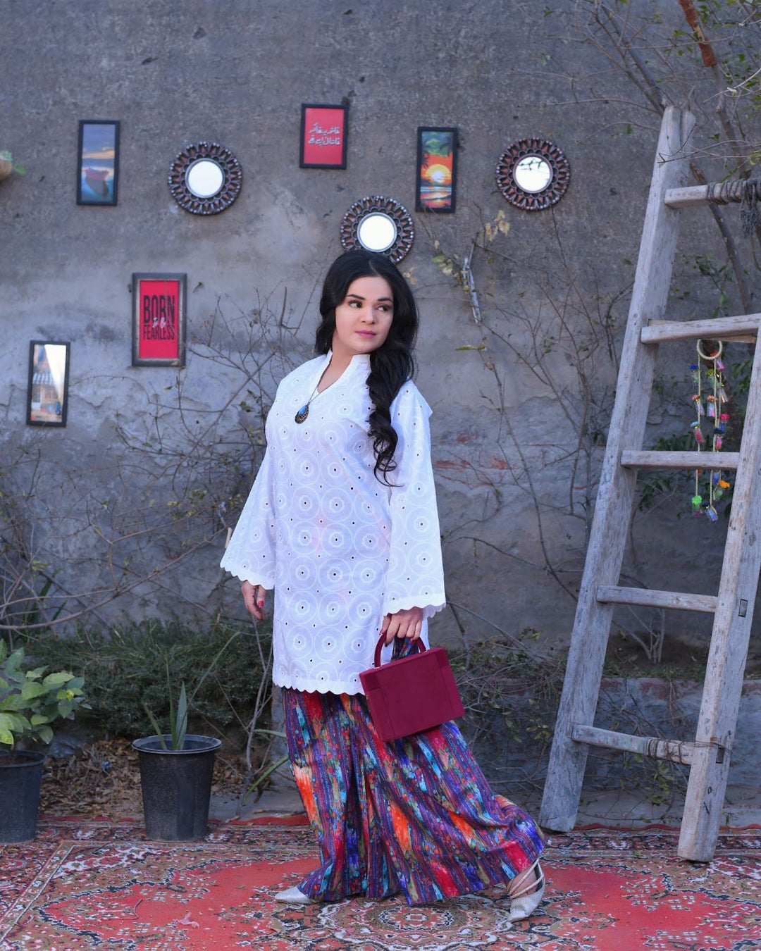 White Chikankari Short Shirt & Printed Palazzo Suit