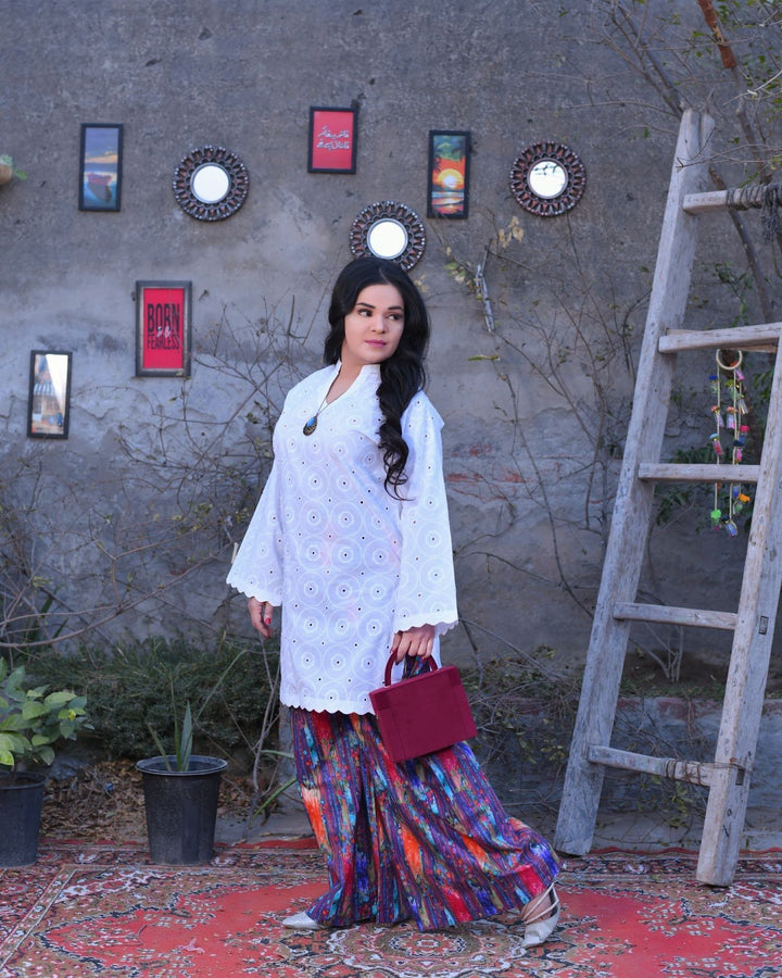 White Chikankari Short Shirt & Printed Palazzo Suit