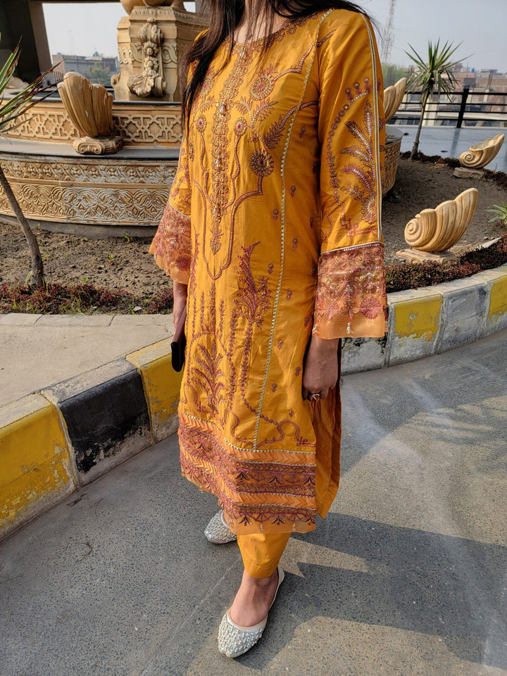 Mustard Yellow Embroidered Cotton Suit