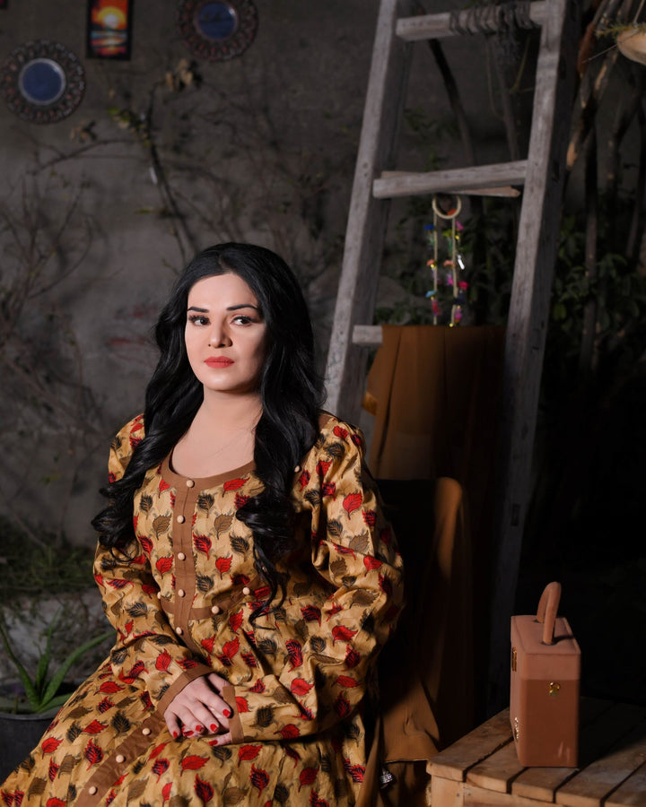 Beige/Tan Floral Everyday wear long frock