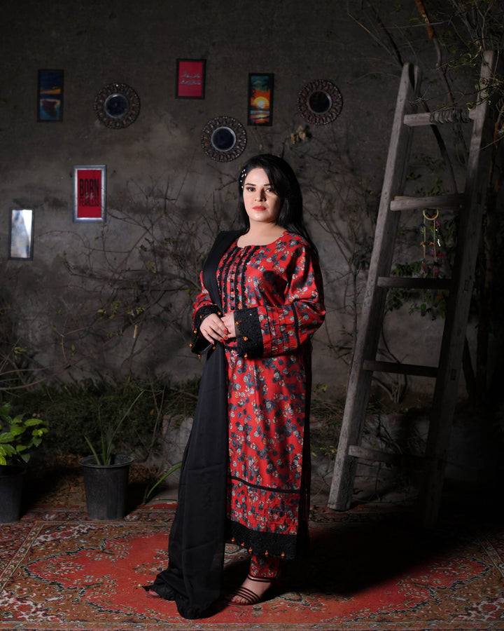 Deep Red Floral Print Everyday Khadi Trouser Suit