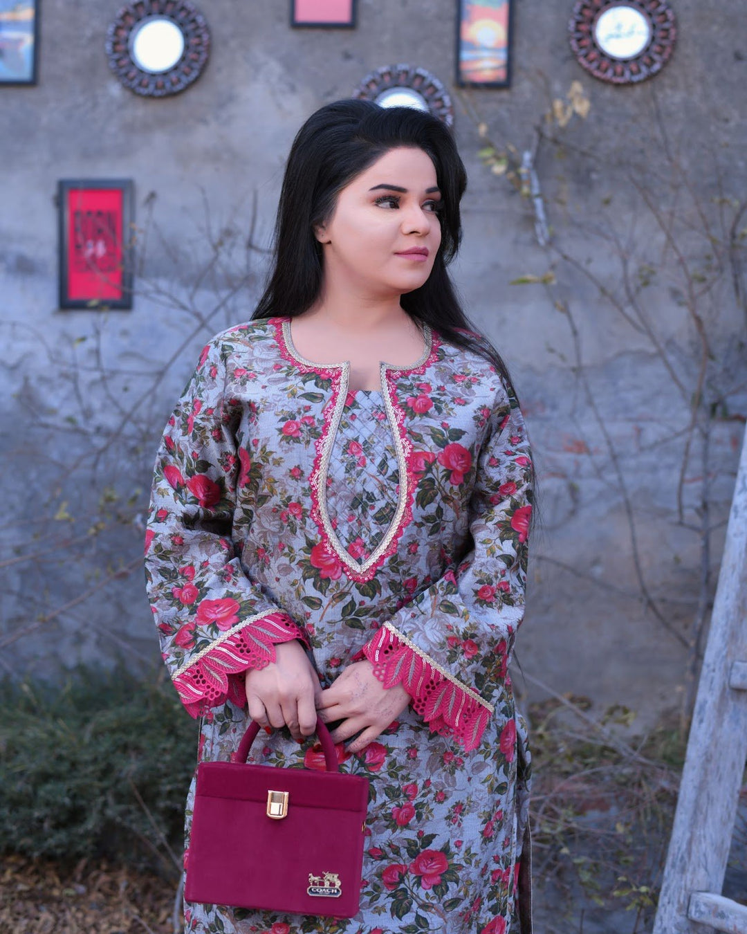 Vintage Rose Print Everyday Khadi Tulip Shalwar Suit