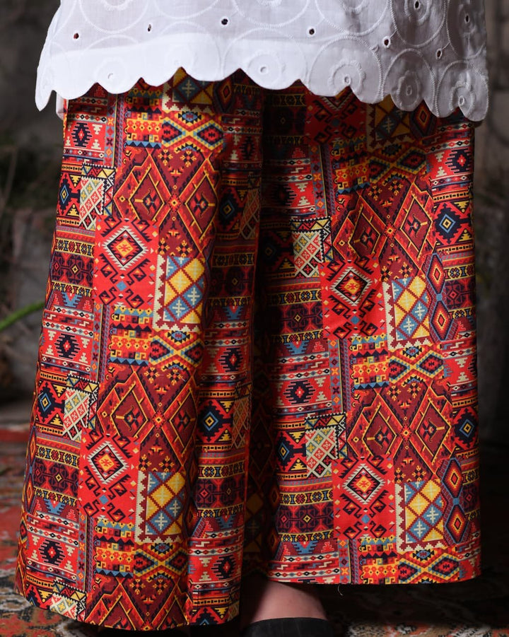 White Chikankari Short Shirt & Printed Palazzo Suit