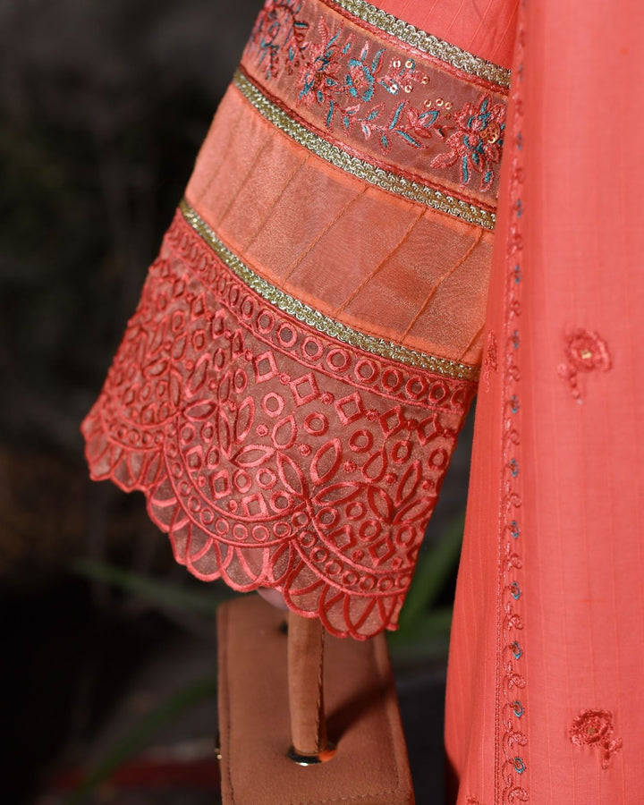 Peach Embroidered Doriya Cotton Three-Piece Suit