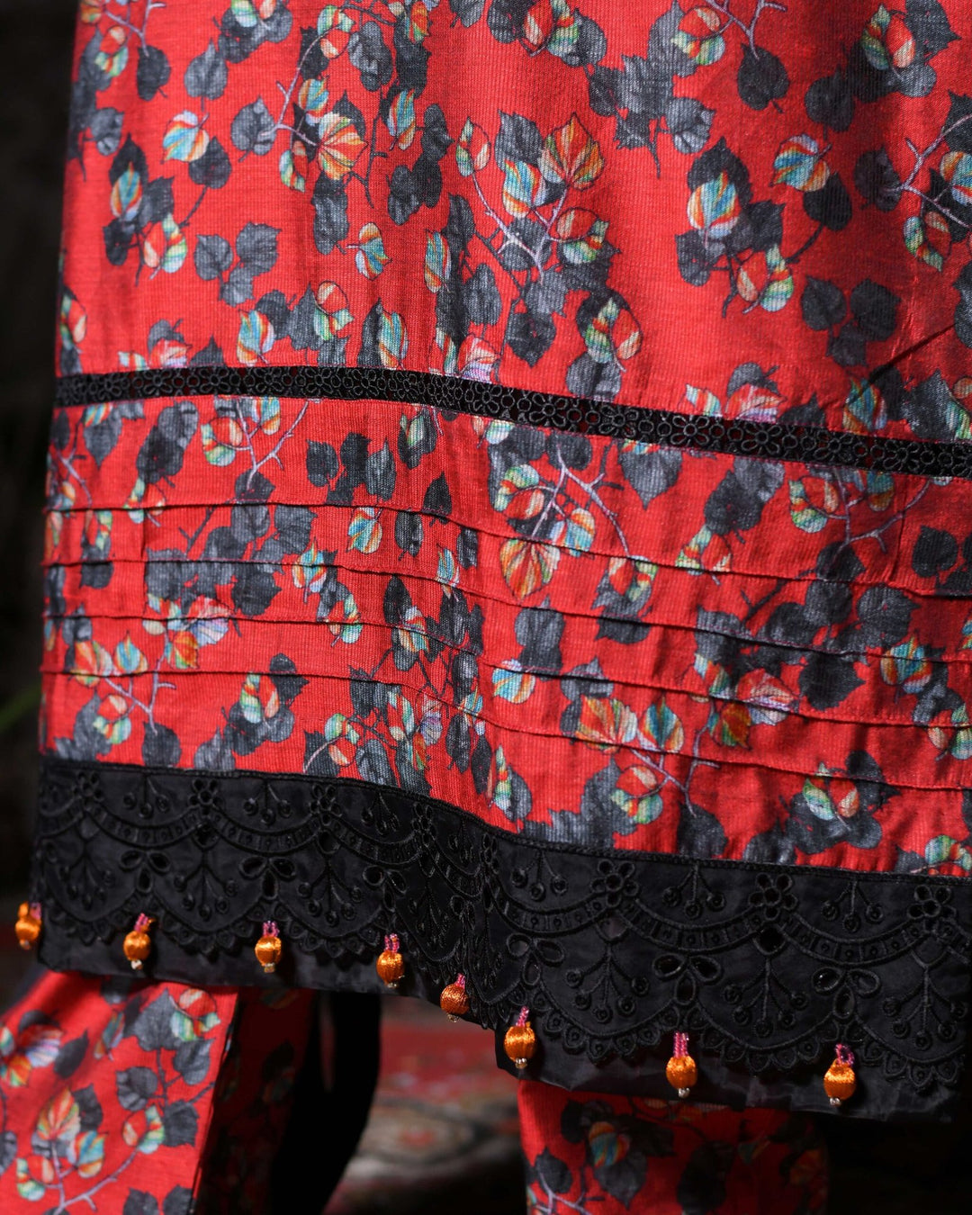 Deep Red Floral Print Everyday Khadi Trouser Suit