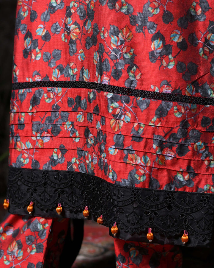Deep Red Floral Print Everyday Khadi Trouser Suit