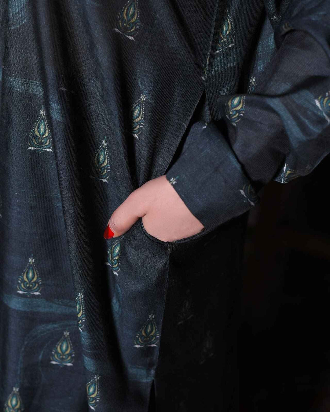 Geometric Print Greenish-Black Everyday Khadi Suit