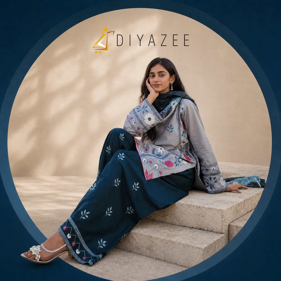 Grey & Zinc Floral Embroidered Cotton 3-Piece Suit | Eid & Formal Wear