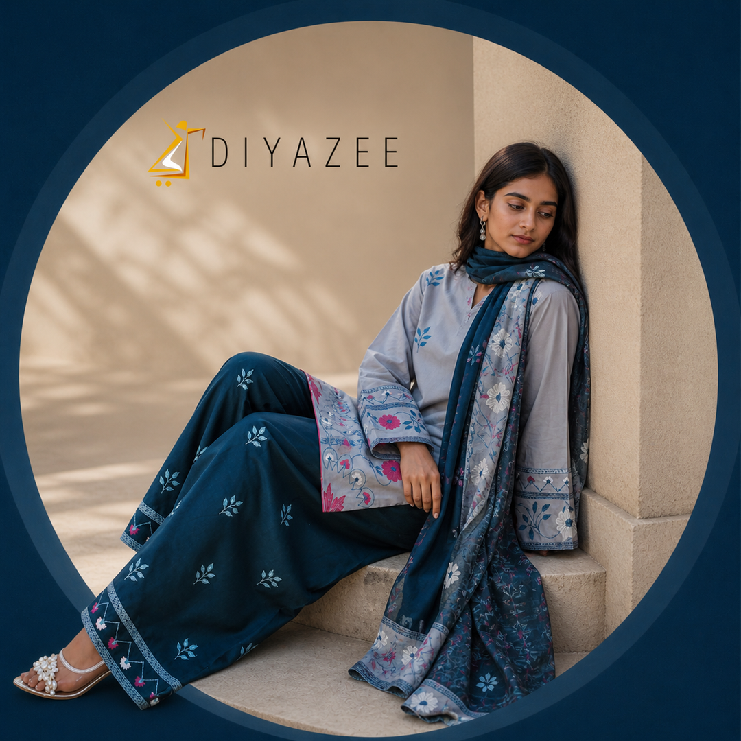 Grey & Zinc Floral Embroidered Cotton 3-Piece Suit | Eid & Formal Wear