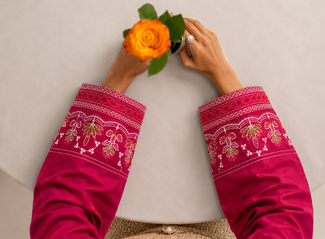 Hot Pink & Beige Embroidered Cotton 3-Piece Suit