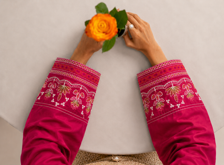 Hot Pink & Beige Embroidered Cotton 3-Piece Suit