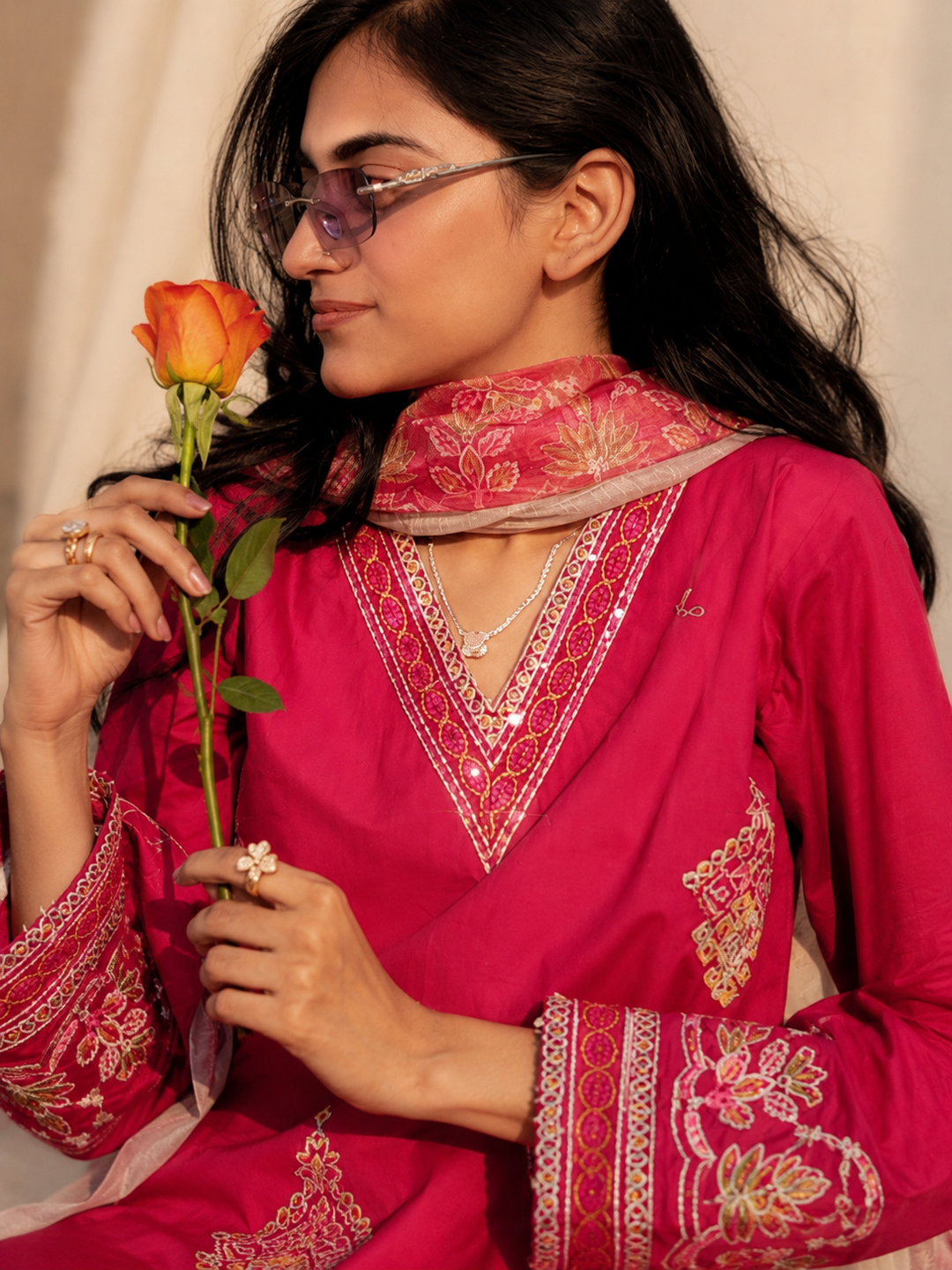 Hot Pink & Beige Embroidered Cotton 3-Piece Suit