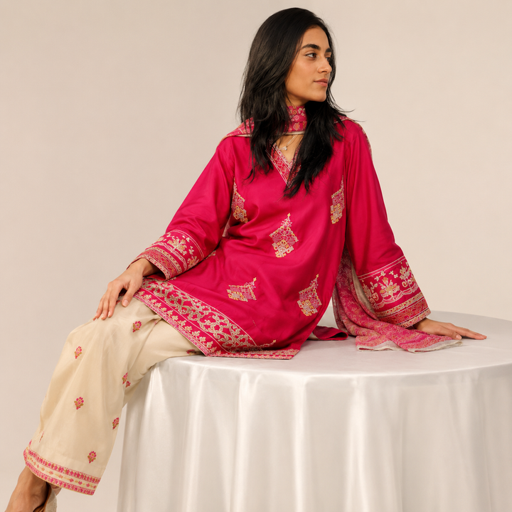 Hot Pink & Beige Embroidered Cotton 3-Piece Suit