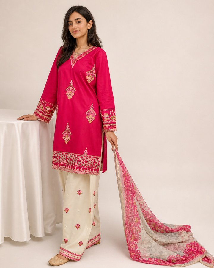 Hot Pink & Beige Embroidered Cotton 3-Piece Suit