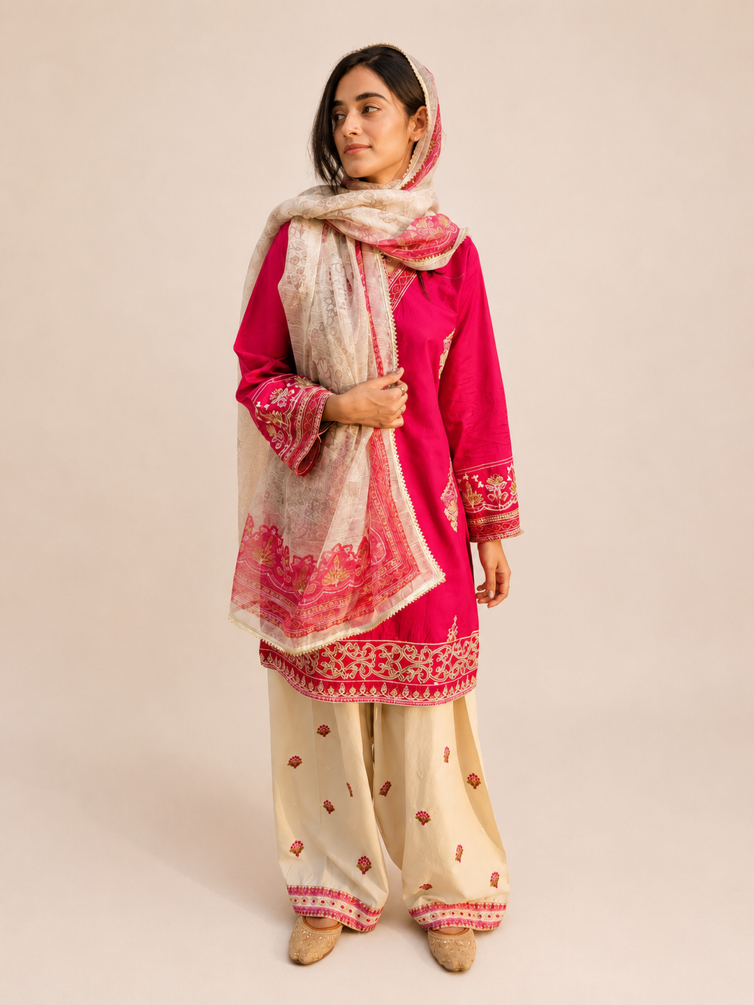 Hot Pink & Beige Embroidered Cotton 3-Piece Suit