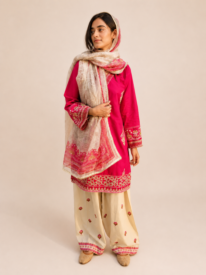Hot Pink & Beige Embroidered Cotton 3-Piece Suit