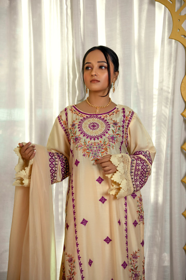 Beige Embroidered Viscose Suit