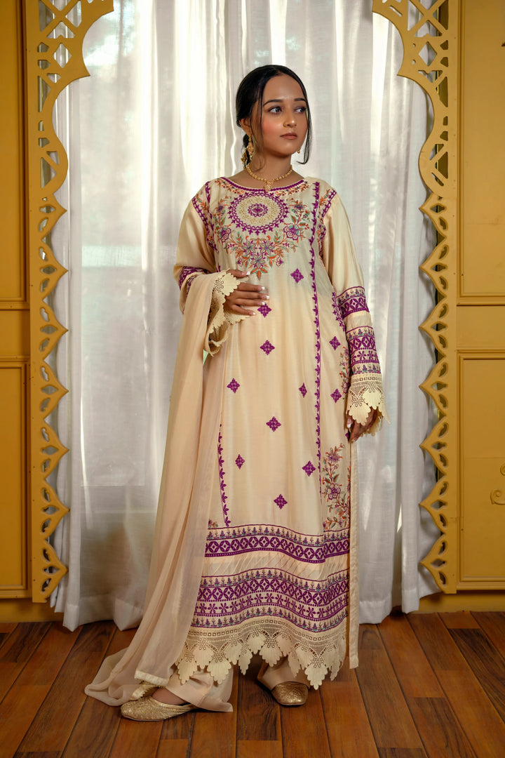 Beige Embroidered Viscose Suit