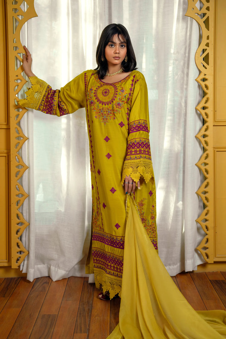 Mustard Yellow Embroidered Viscose Suit