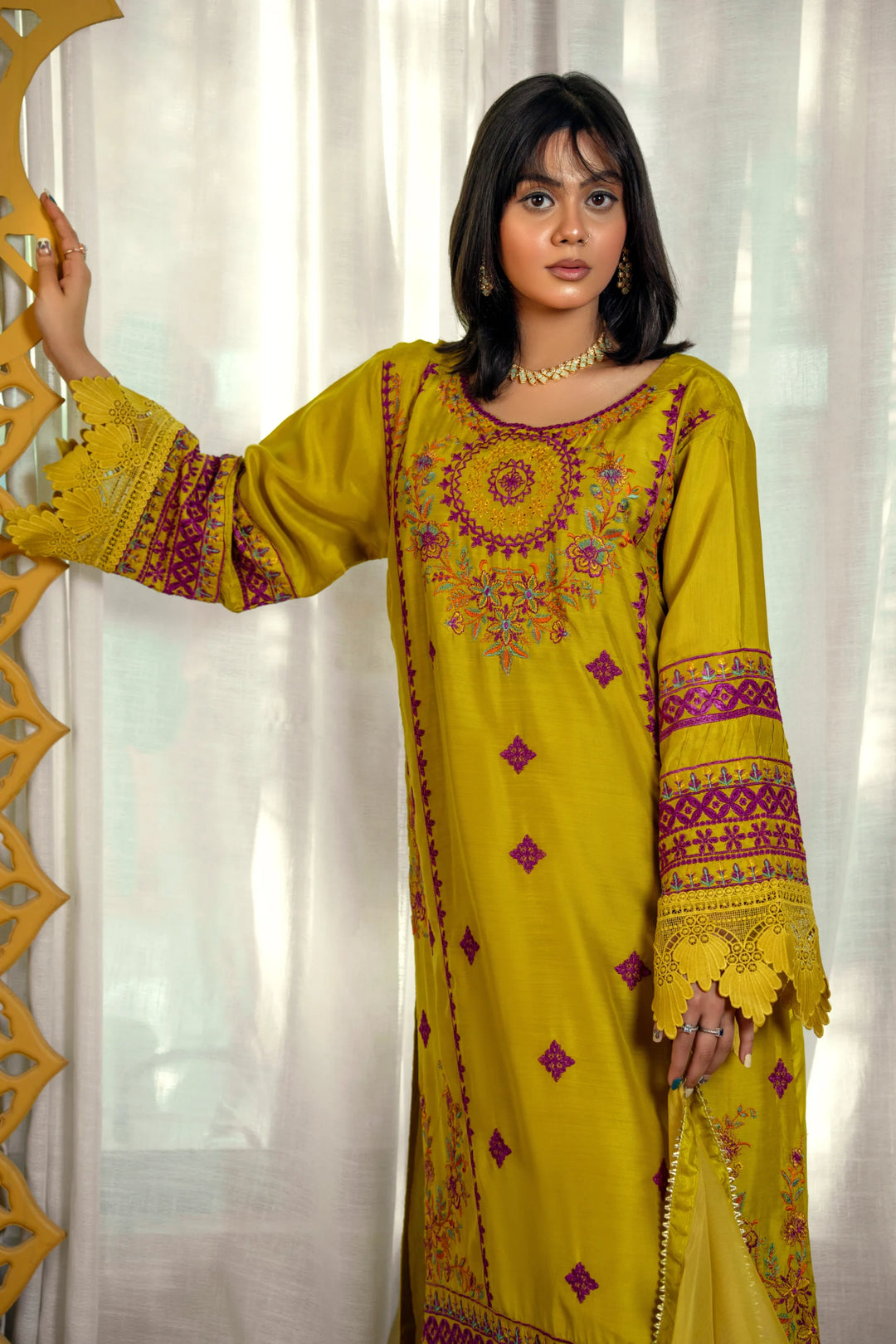 Mustard Yellow Embroidered Viscose Suit