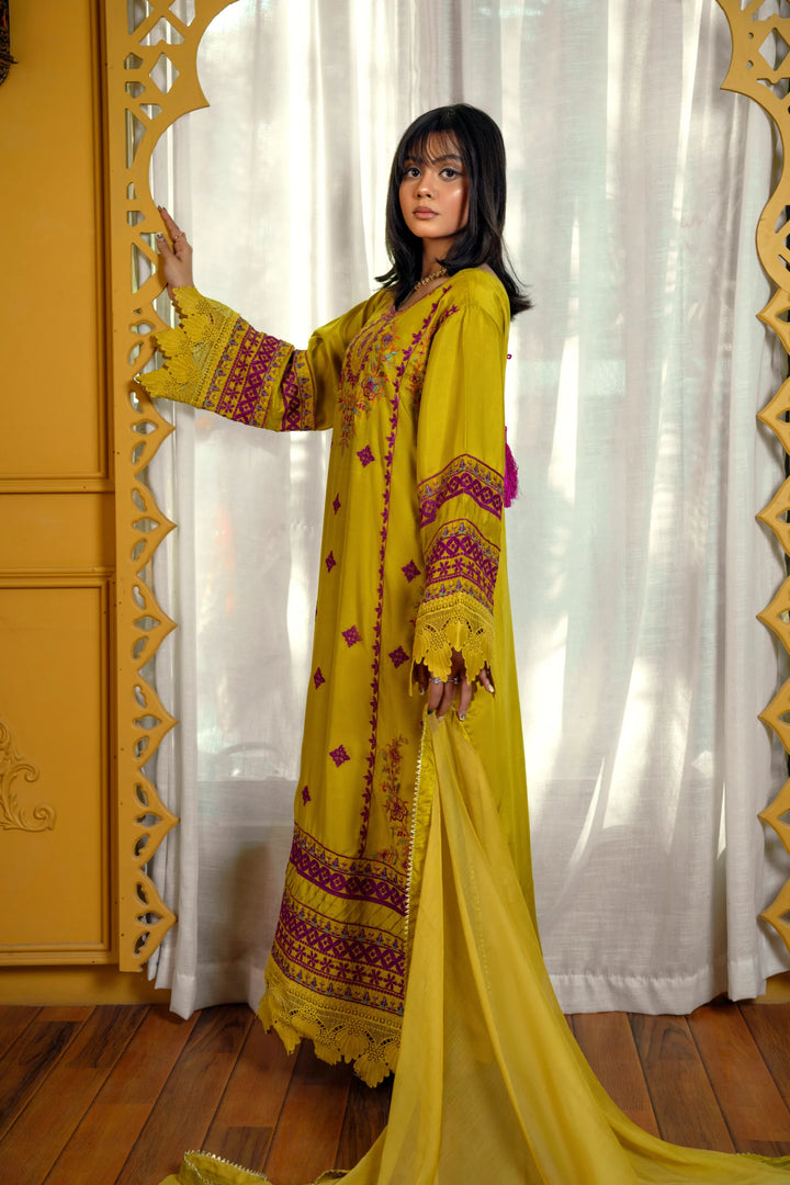 Mustard Yellow Embroidered Viscose Suit