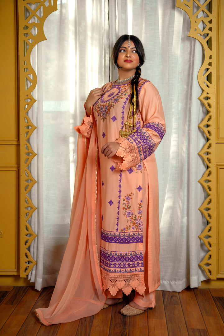 Peach Embroidered Viscose Suit
