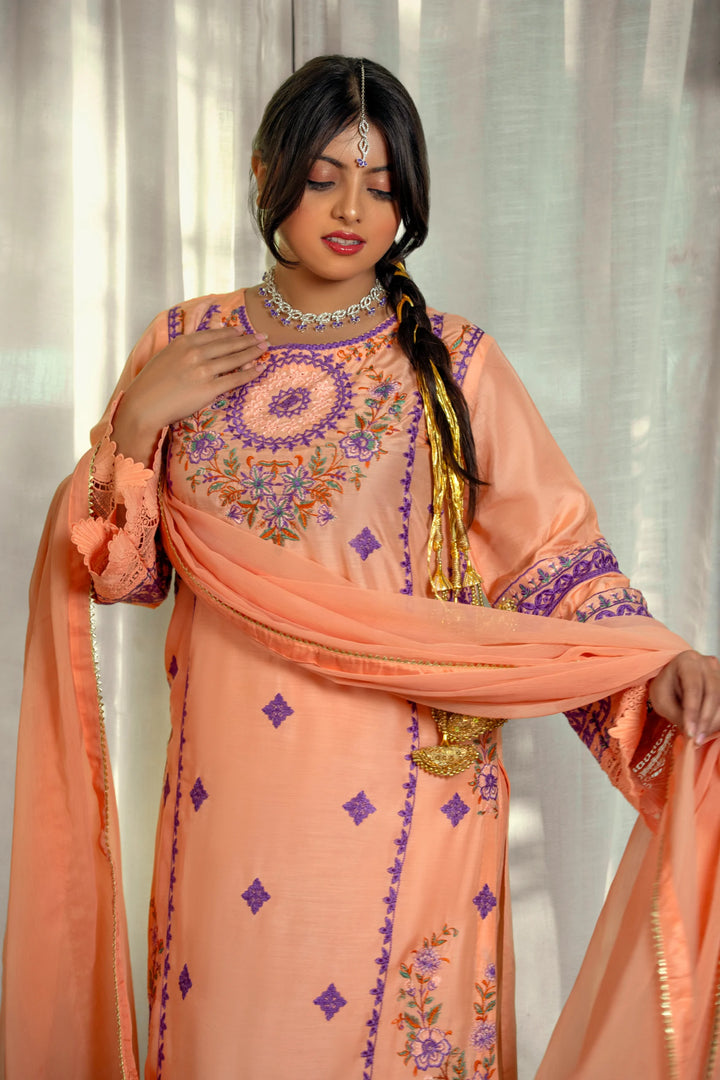 Peach Embroidered Viscose Suit
