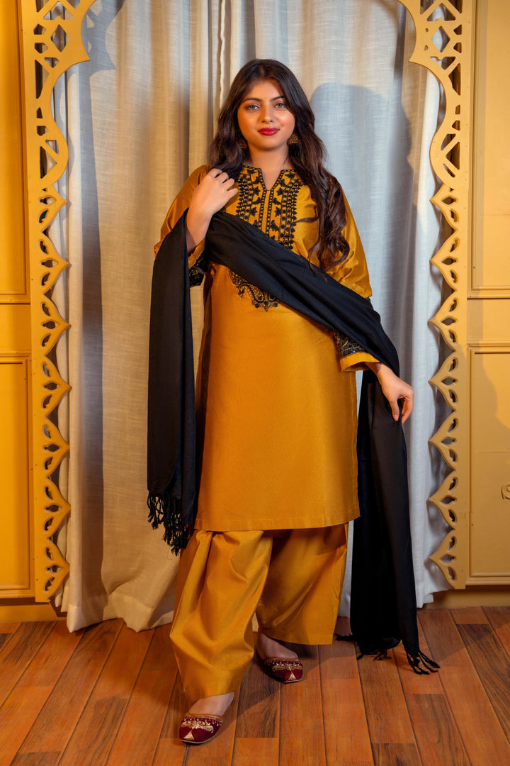 Mustard Yellow 3-Piece Winter Cotton Suit