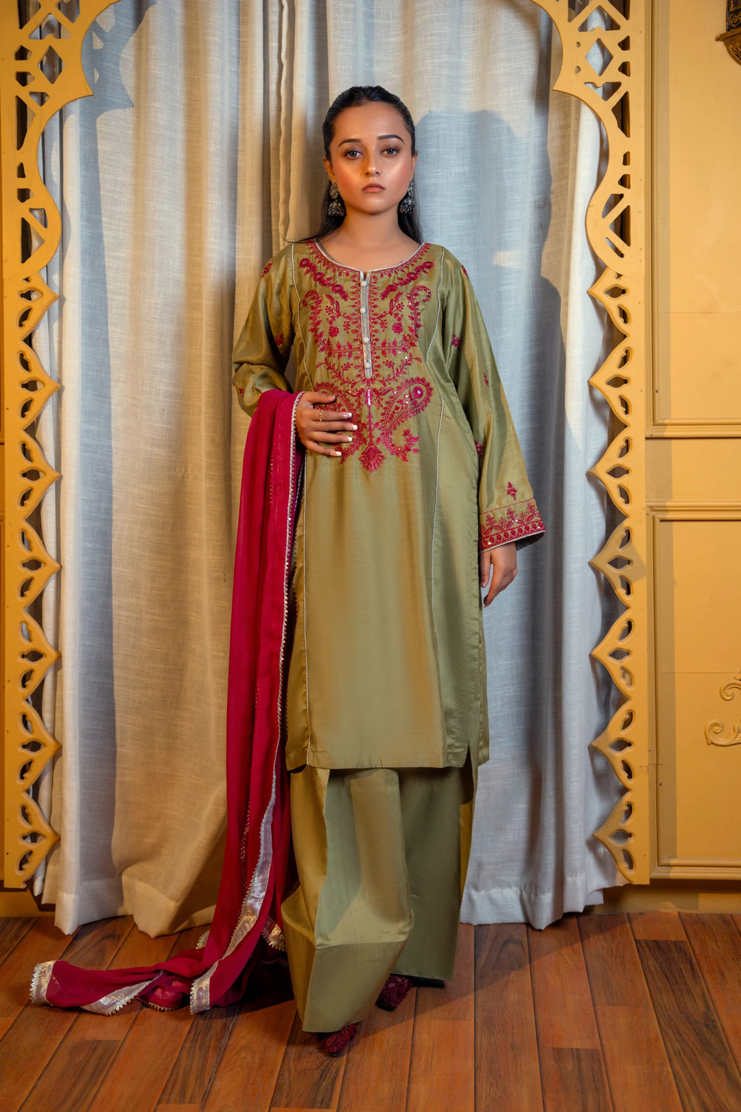 Light Olive Green Embroidered Viscose Suit