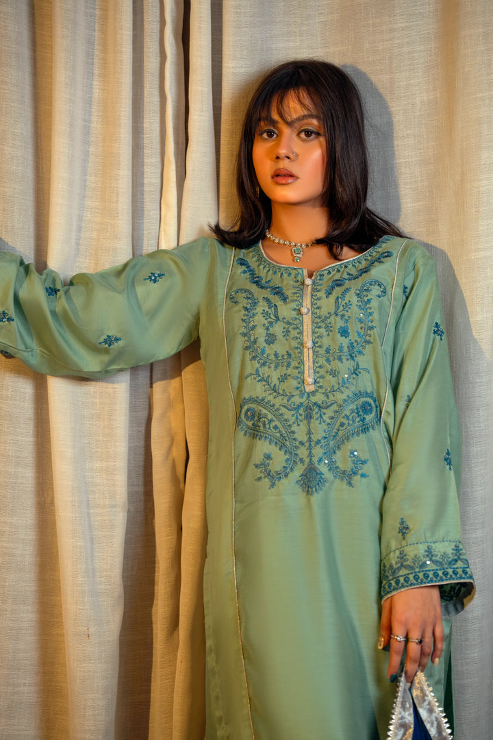 Mint Green Embroidered Viscose Suit