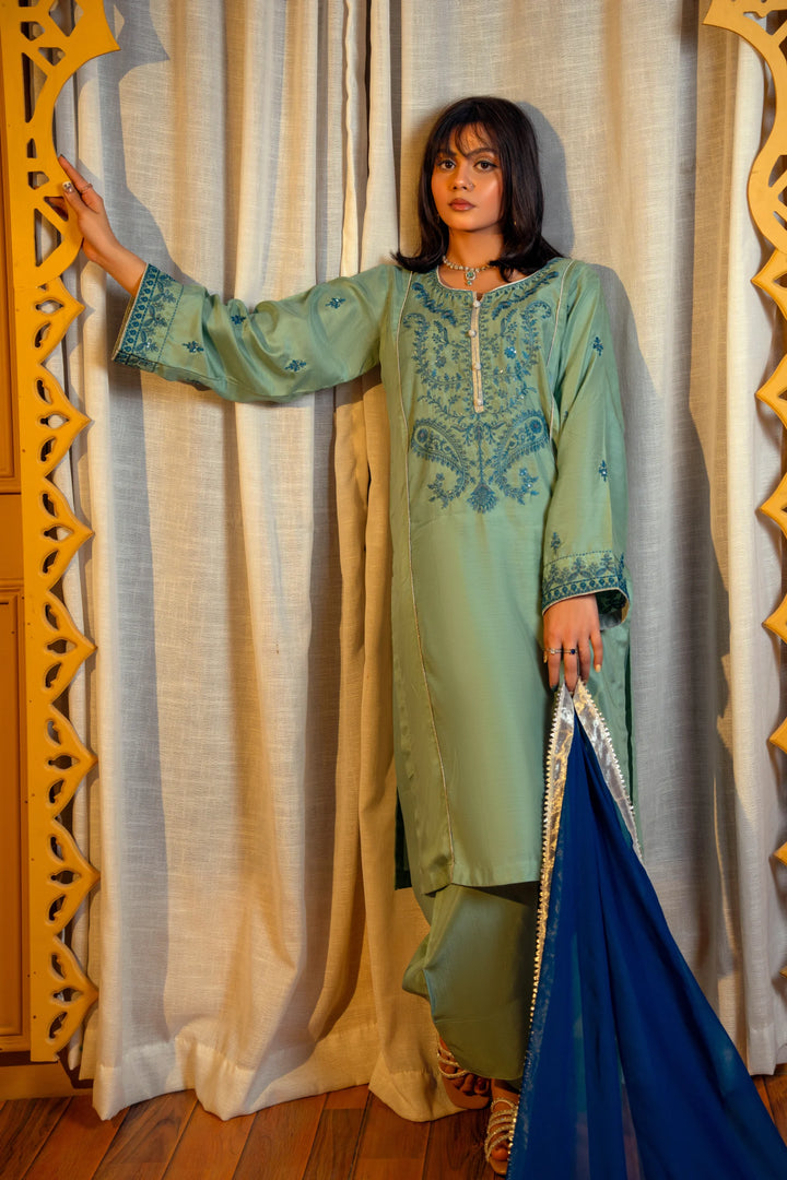 Mint Green Embroidered Viscose Suit