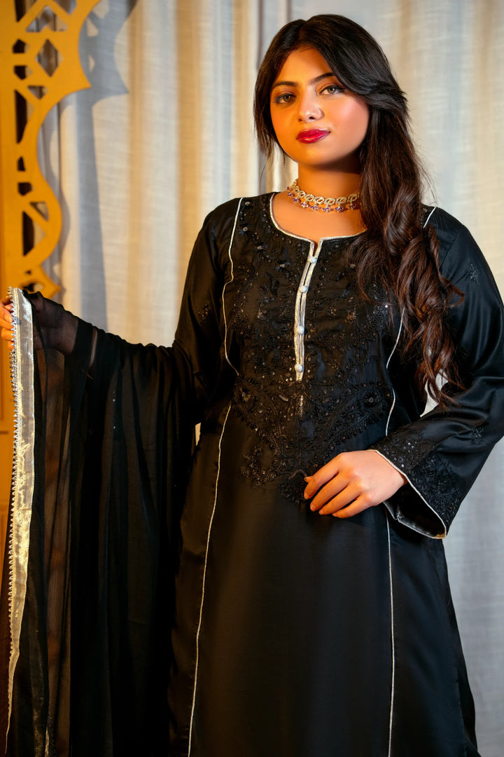 Black Embroidered Viscose 3-Piece Suit | Elegant Everyday & Party Wear