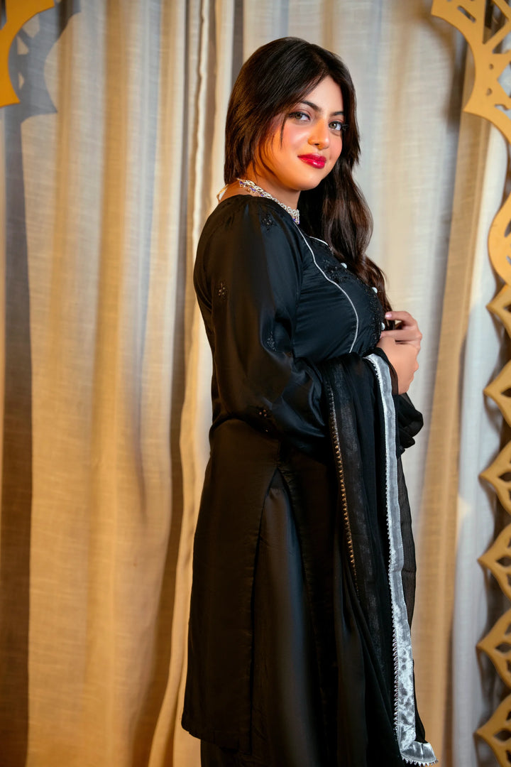 Black Embroidered Viscose 3-Piece Suit | Elegant Everyday & Party Wear