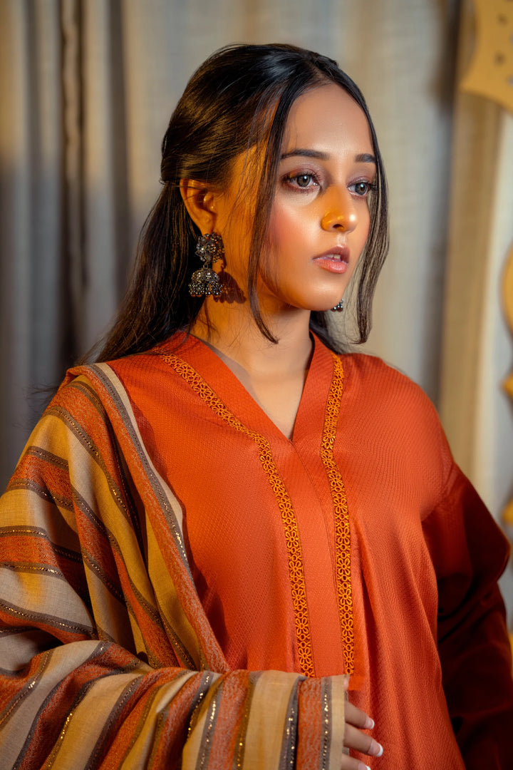 Rust Brown Winter Cotton Suit with Shawl