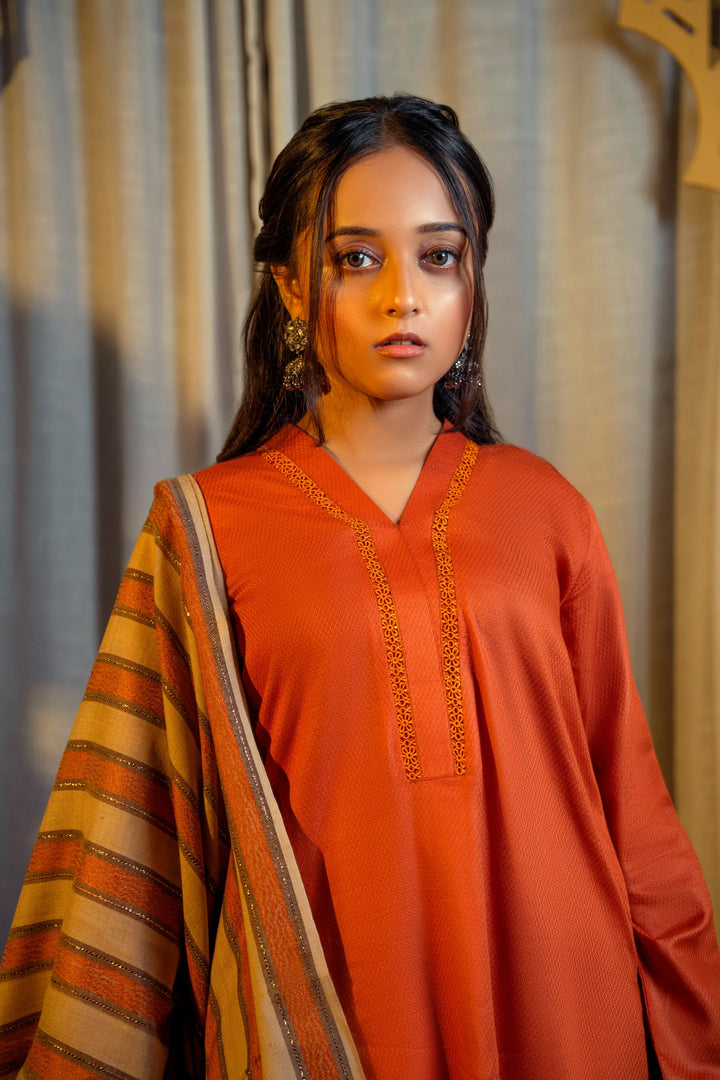 Rust Brown Winter Cotton Suit with Shawl