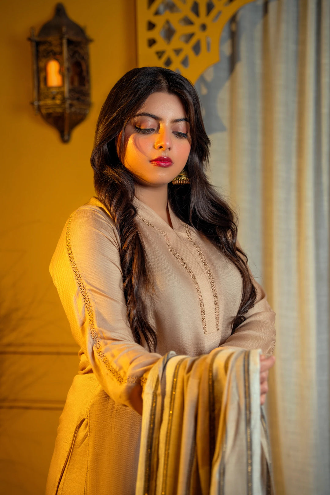 Tan Winter Cotton Suit with Shawl