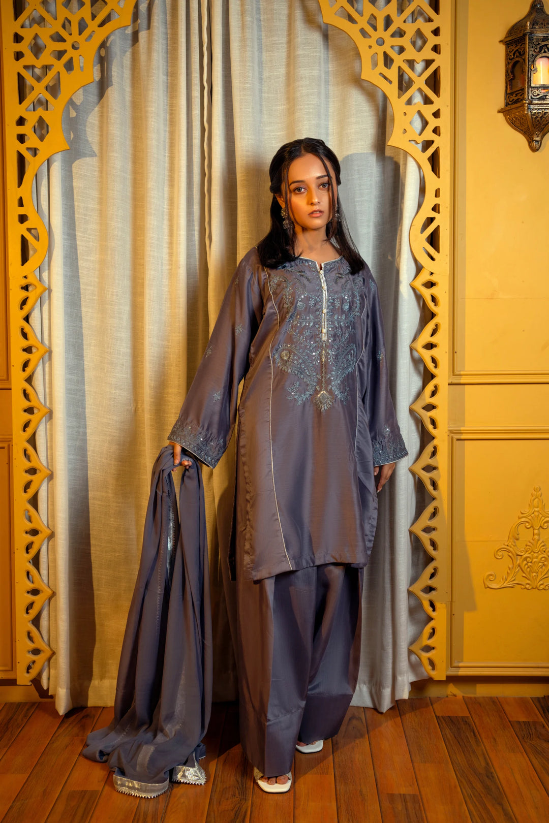 Charcoal Grey Embroidered Viscose Suit