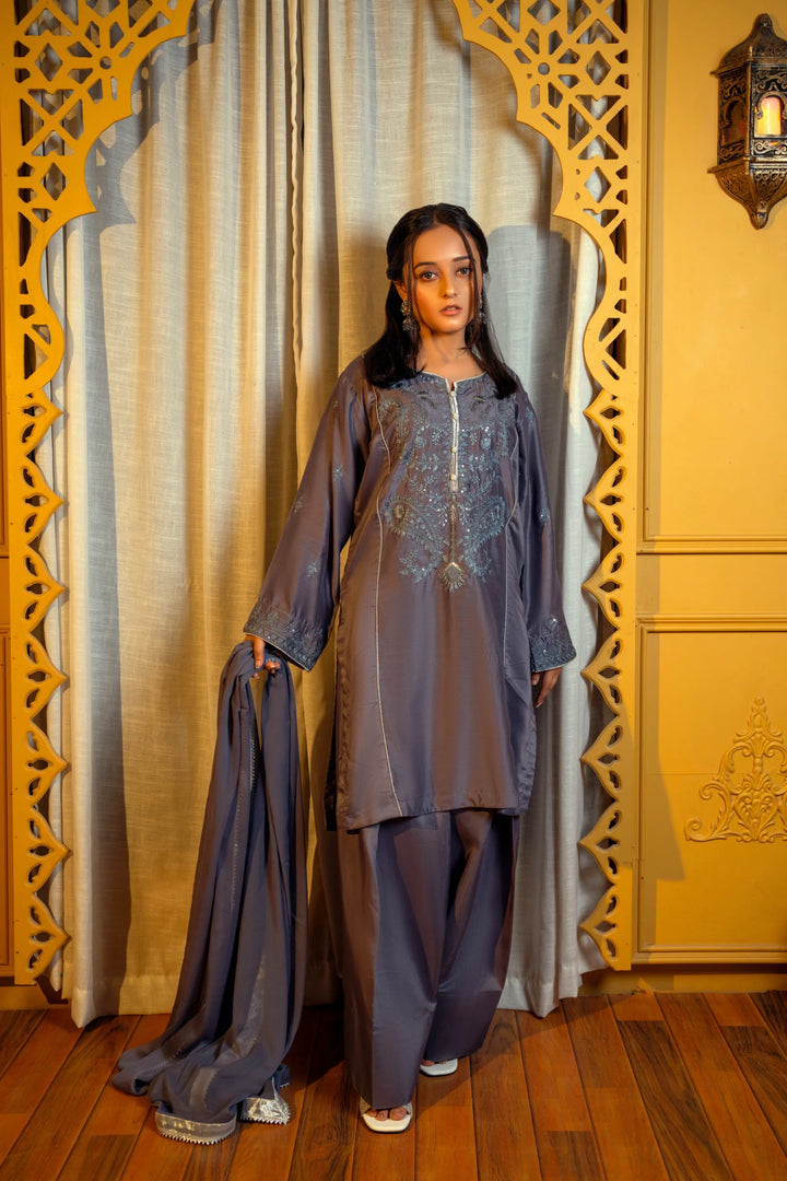Charcoal Grey Embroidered Viscose Suit