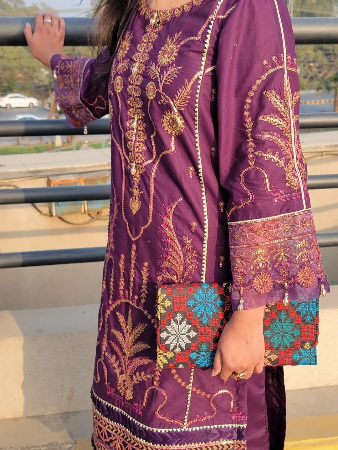 Purple Embroidered Cotton Suit