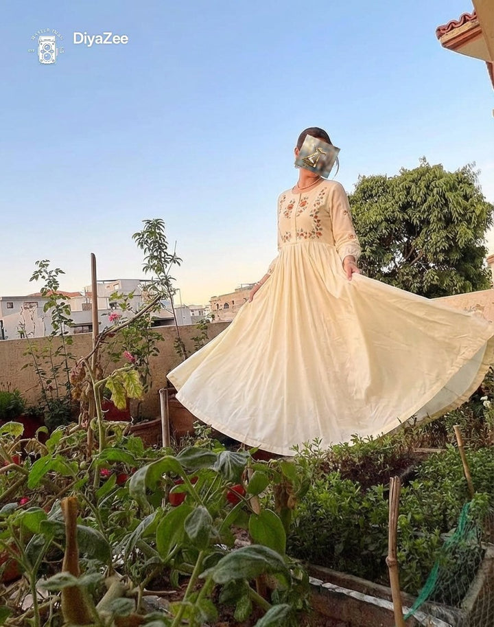Cream Embroidered Cotton Frock