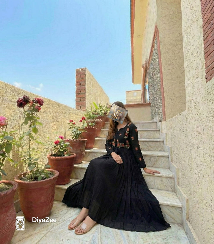 Black Embroidered Cotton Frock