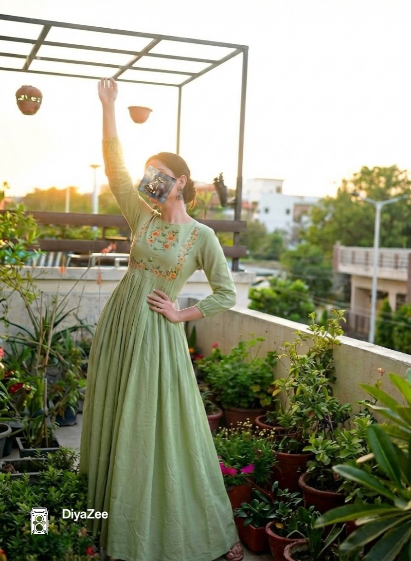 Pistachio Colored Embroidered Cotton Frock