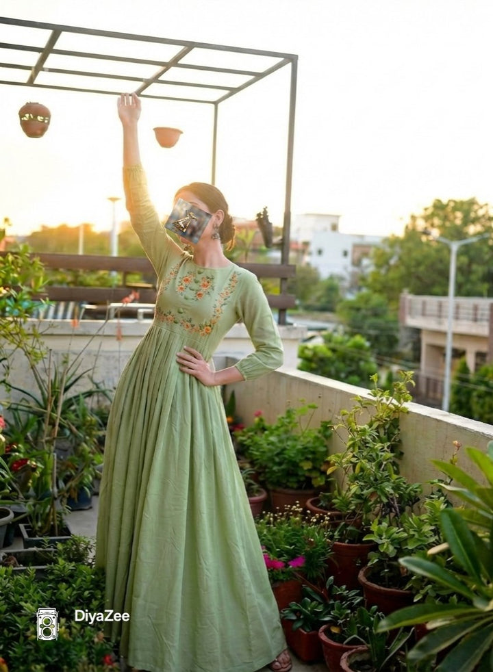 Pistachio Colored Embroidered Cotton Frock