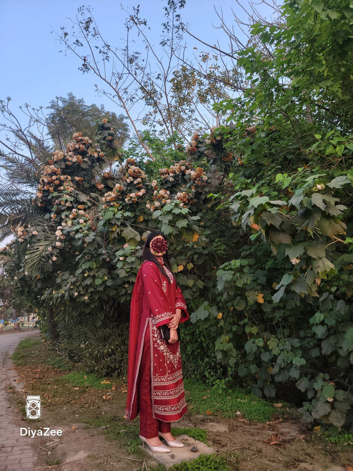 Maroon Embroidered Cotton Suit