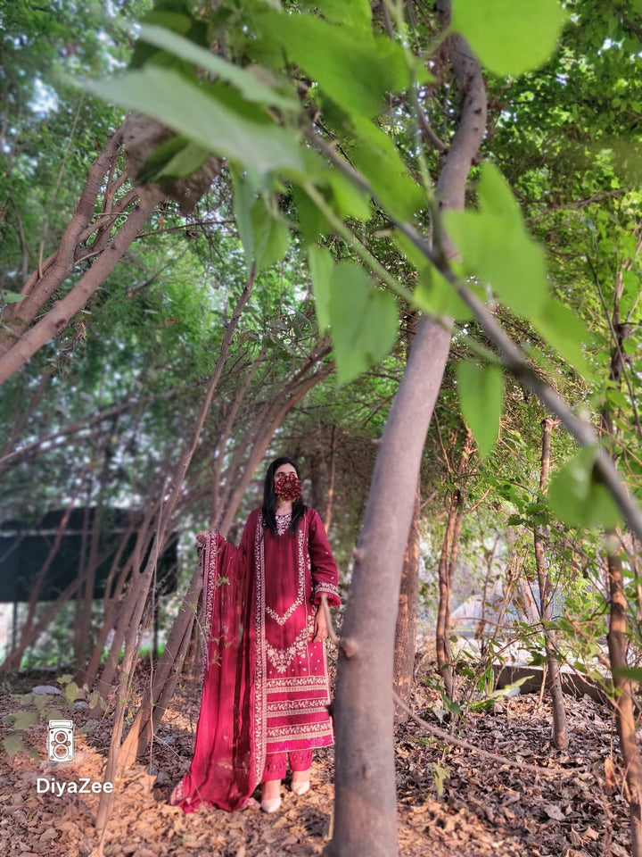 Maroon Embroidered Cotton Suit