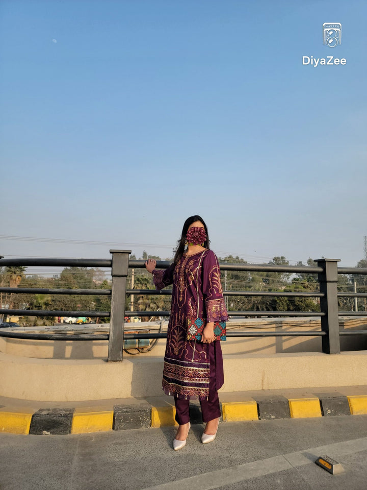 Purple Embroidered Cotton Suit