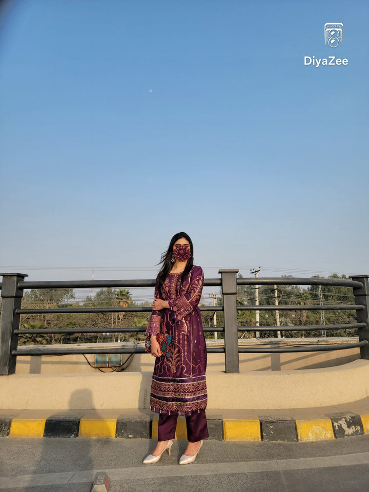 Purple Embroidered Cotton Suit