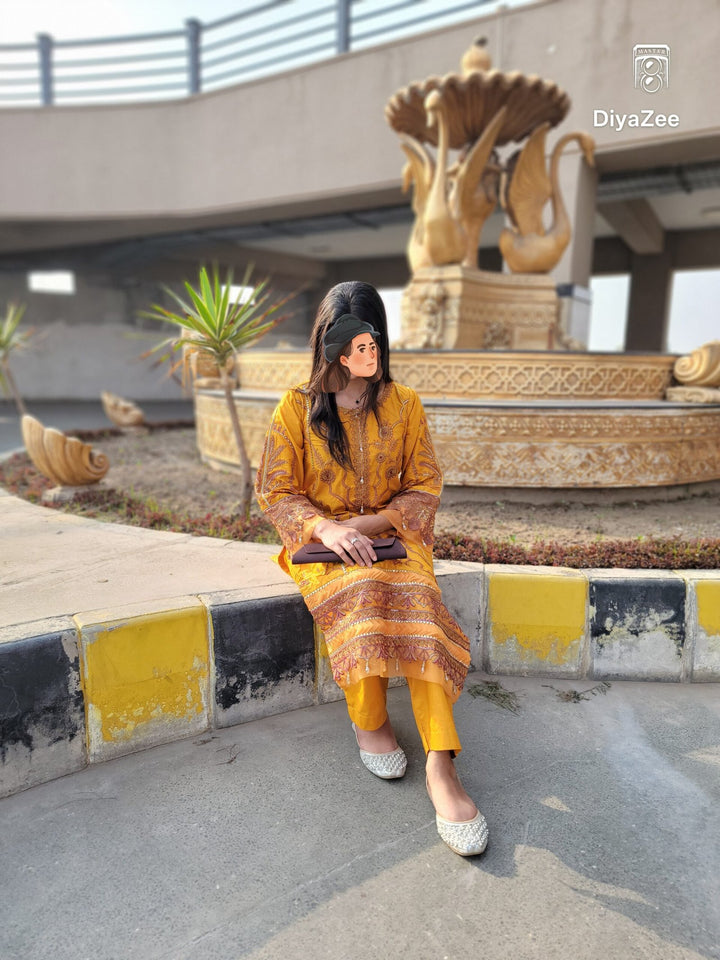Mustard Yellow Embroidered Cotton Suit